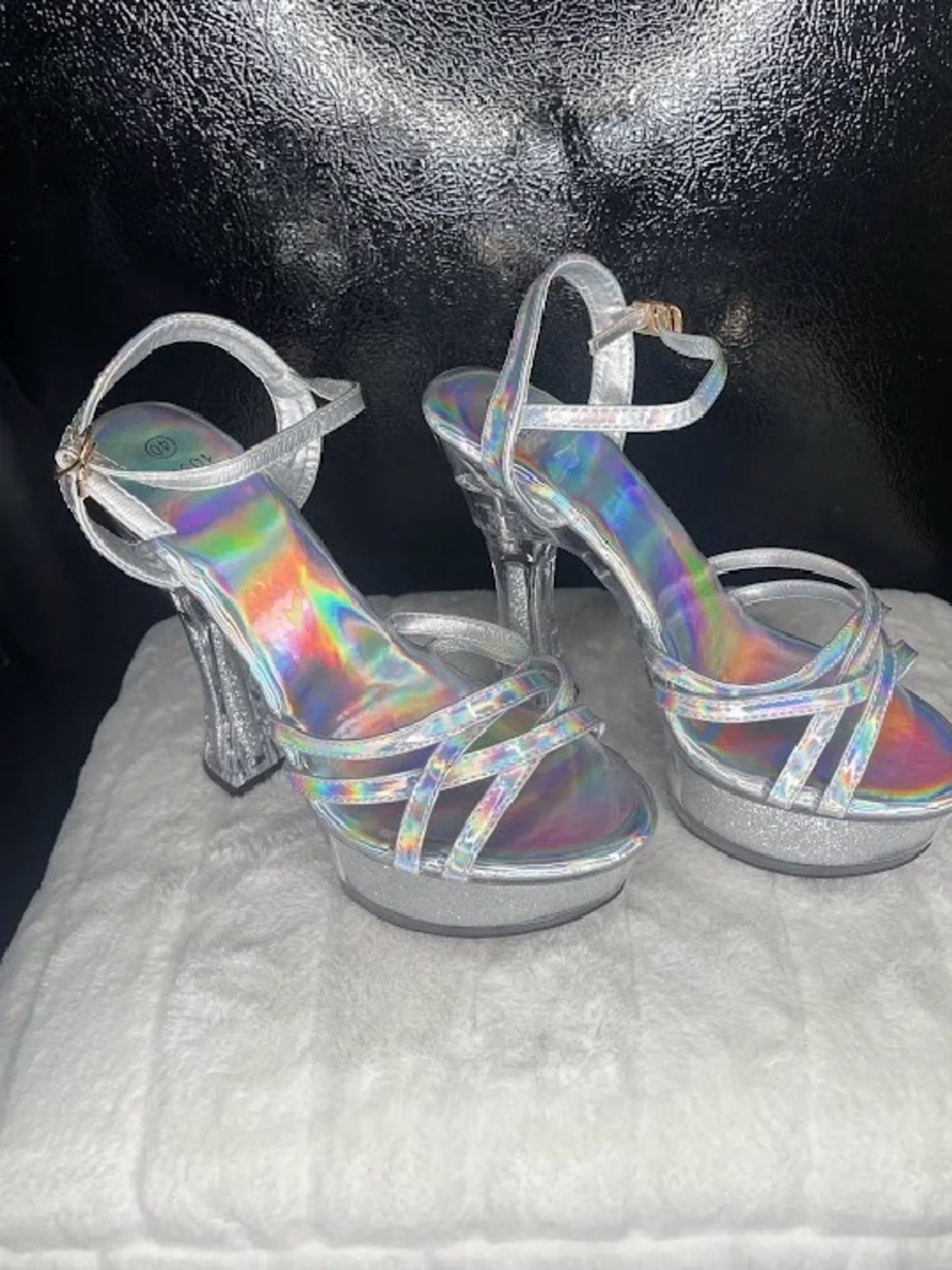 Holographic Silver Platform Strappy Heels - Women's